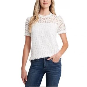 CeCe Women's Ruffle Neck Floral Short Puff Sleeve Lined Blouse Size L